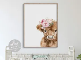 Floral Highland Cow Nursery Print - 002