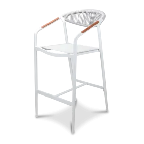 Amalfi Bar Stool in Arctic White Aluminium Frame, Olefin Rope with Polywood Teak Accent and Stone Grey Textilene