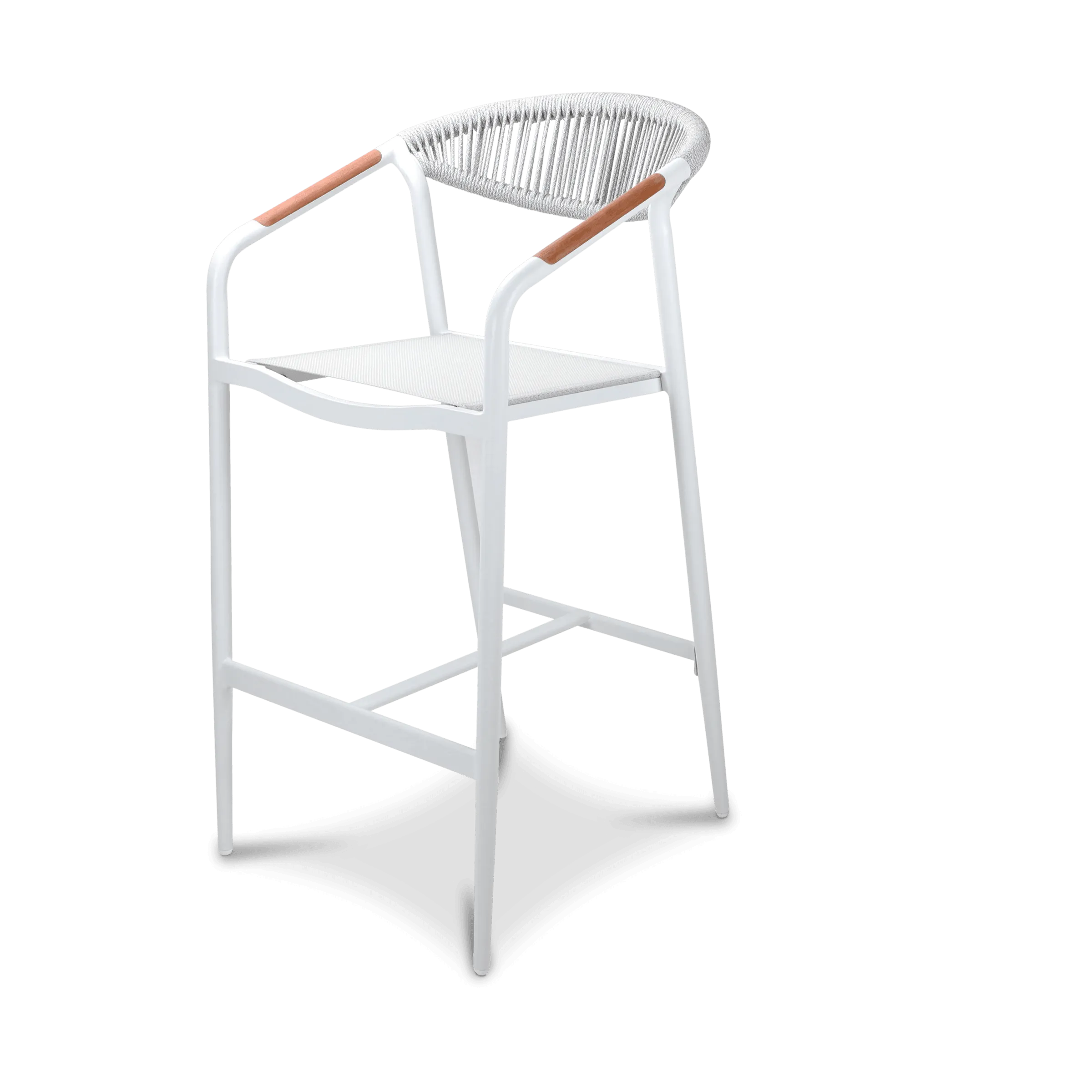 Amalfi Bar Stool in Arctic White Aluminium Frame, Olefin Rope with Polywood Teak Accent and Stone Grey Textilene