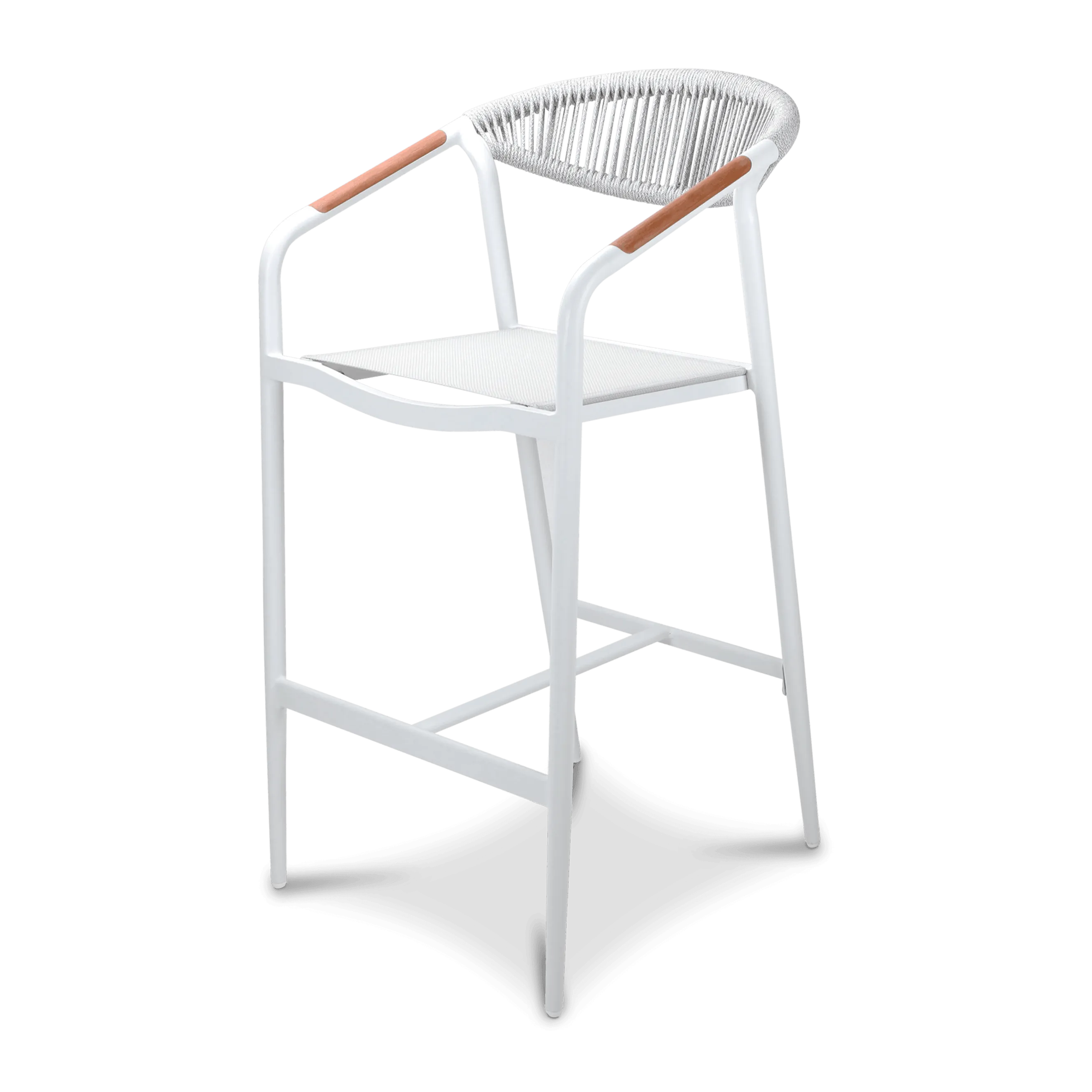 Amalfi Bar Stool in Arctic White Aluminium Frame, Olefin Rope with Polywood Teak Accent and Stone Grey Textilene