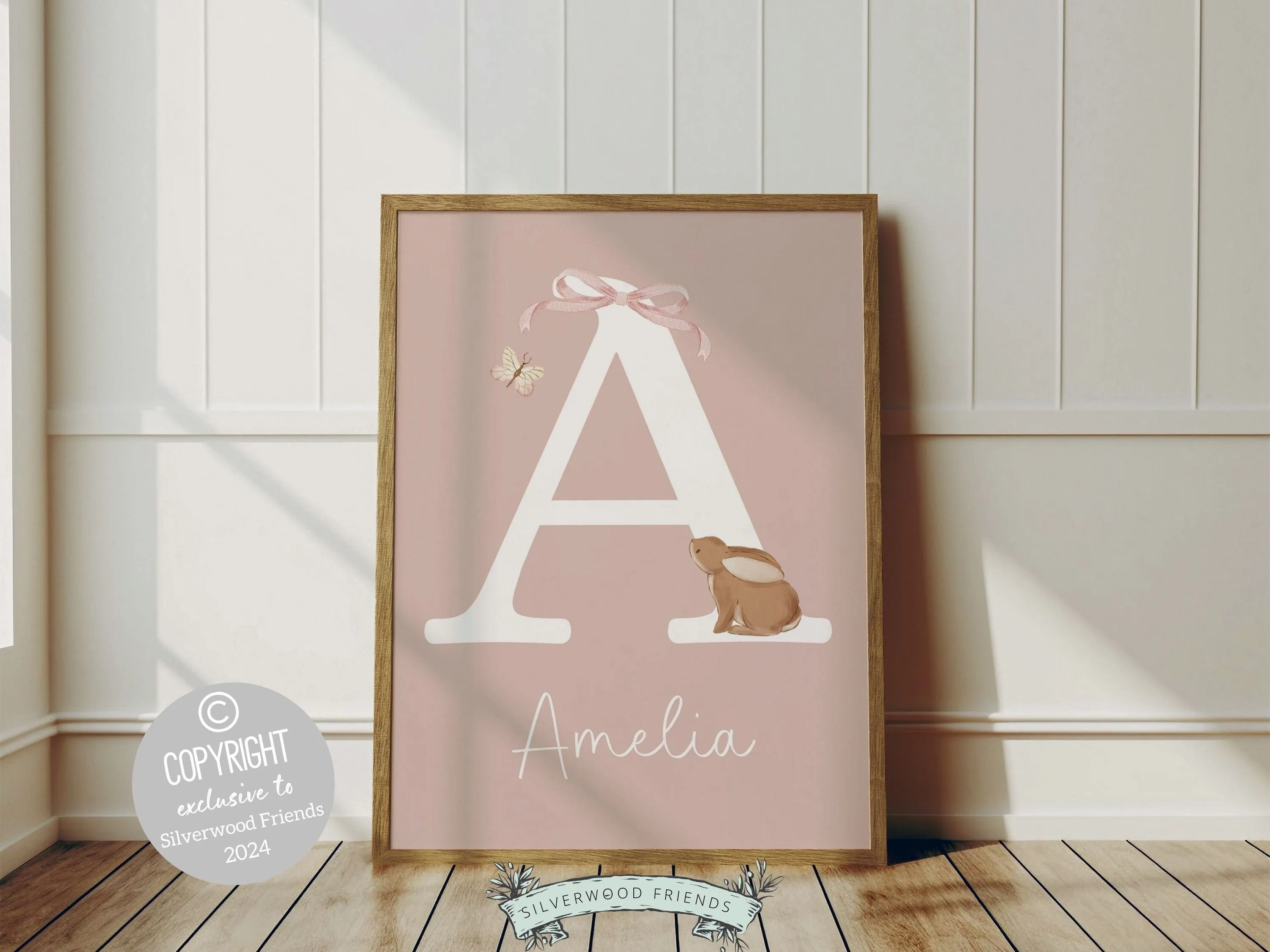 Baby Girl Pink Bunny Nursery Prints - Personalised