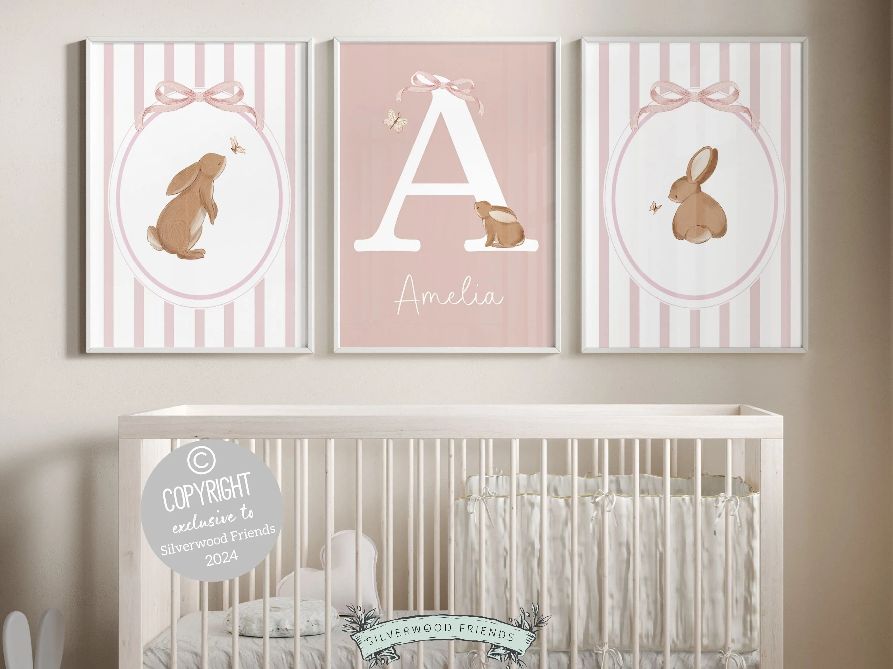 Baby Girl Pink Bunny Nursery Prints - Personalised