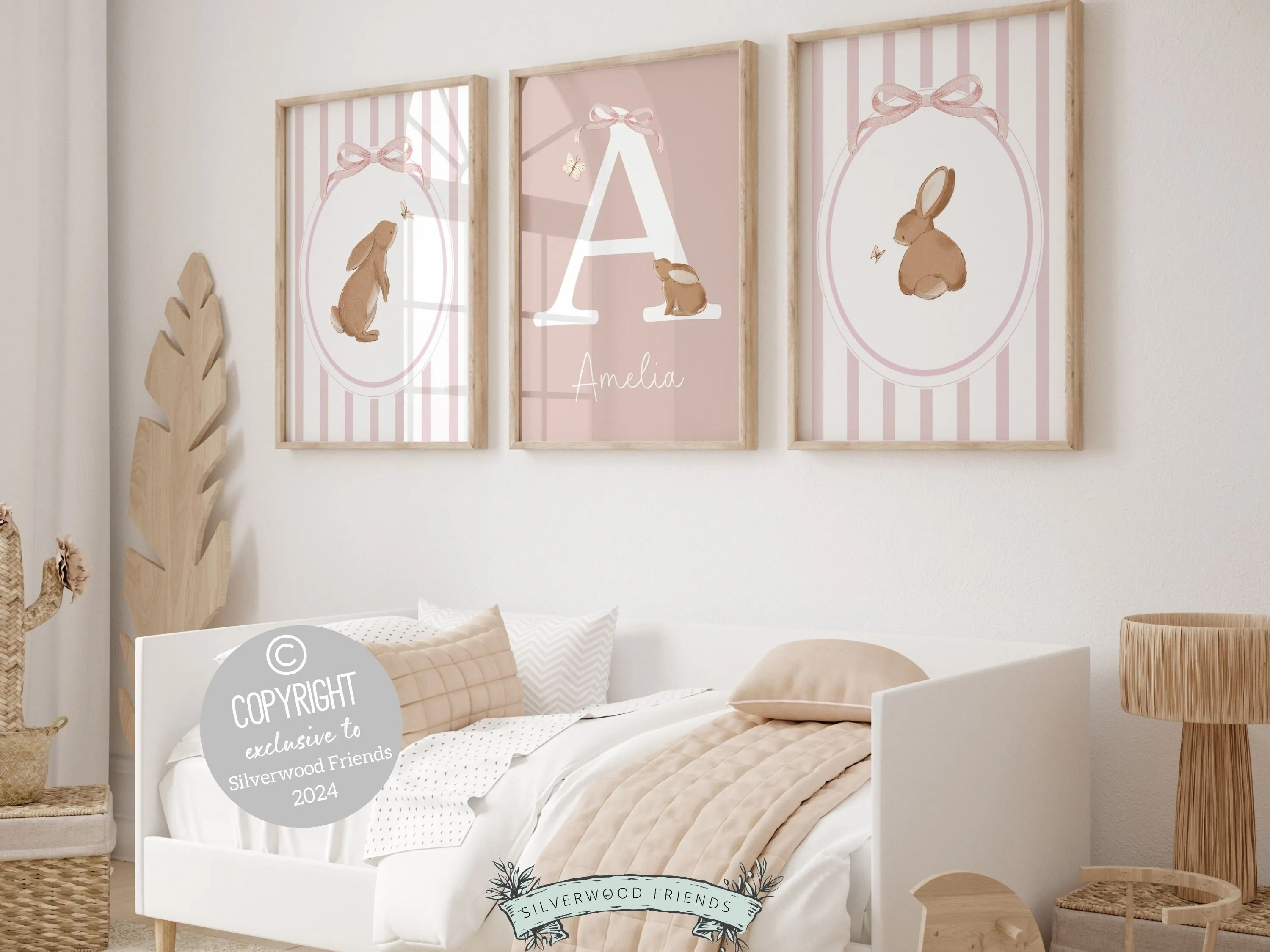 Baby Girl Pink Bunny Nursery Prints - Personalised