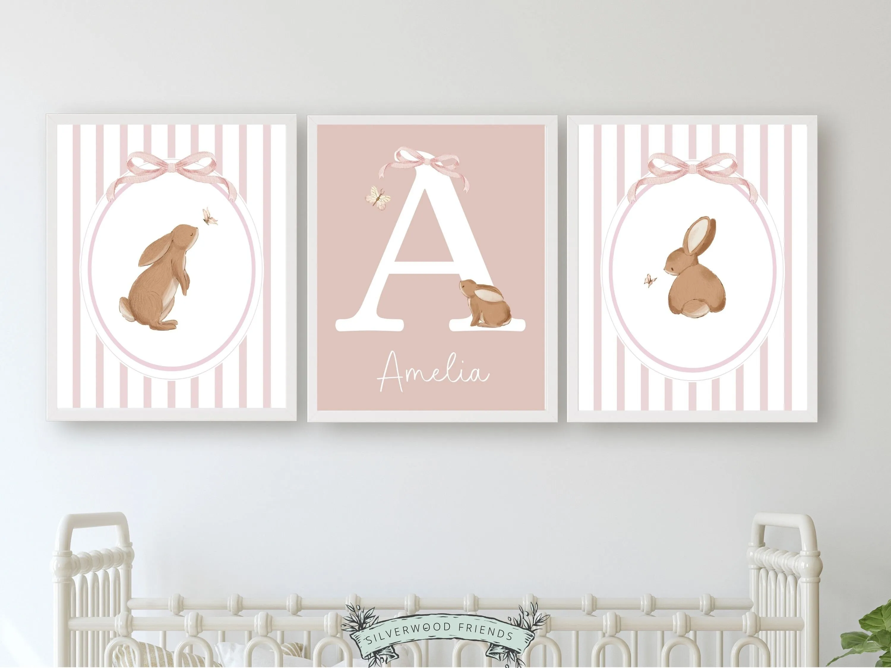 Baby Girl Pink Bunny Nursery Prints - Personalised