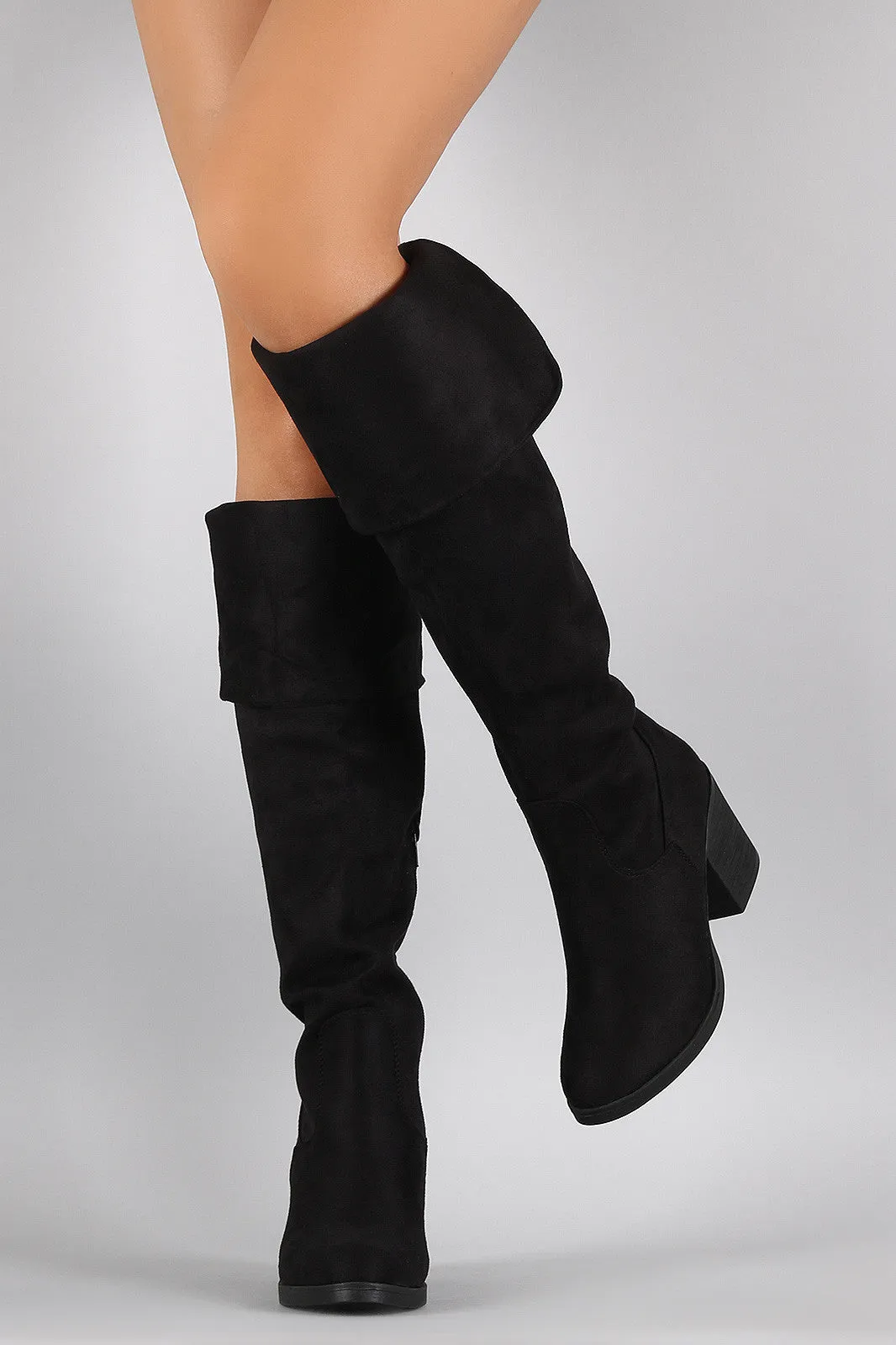 Bamboo Suede Folded Cuff Chunky Heeled Riding Boots