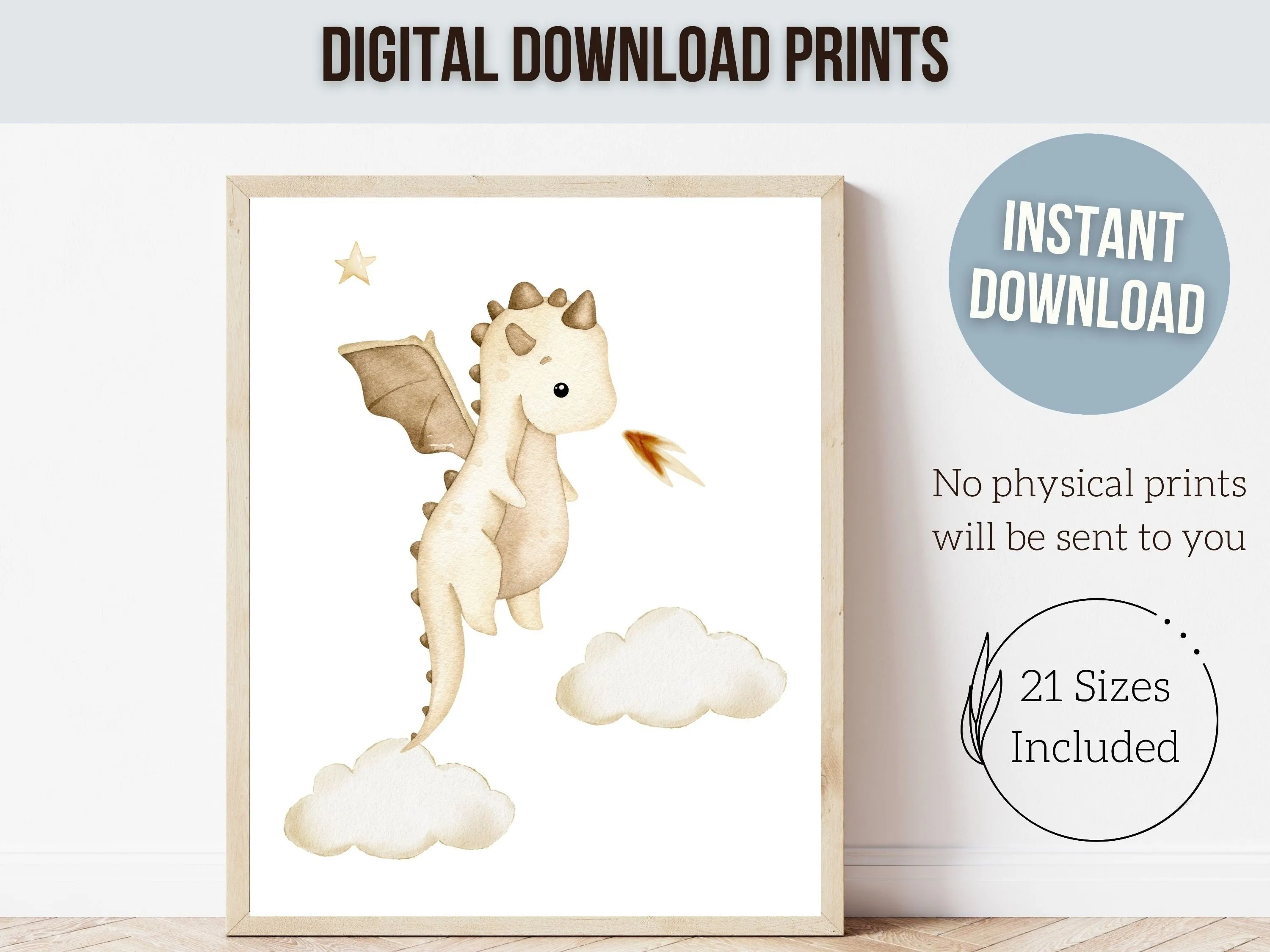 Beige Baby Dragon Nursery Prints