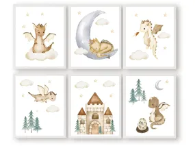 Beige Dragon Nursery Prints - Set of 6