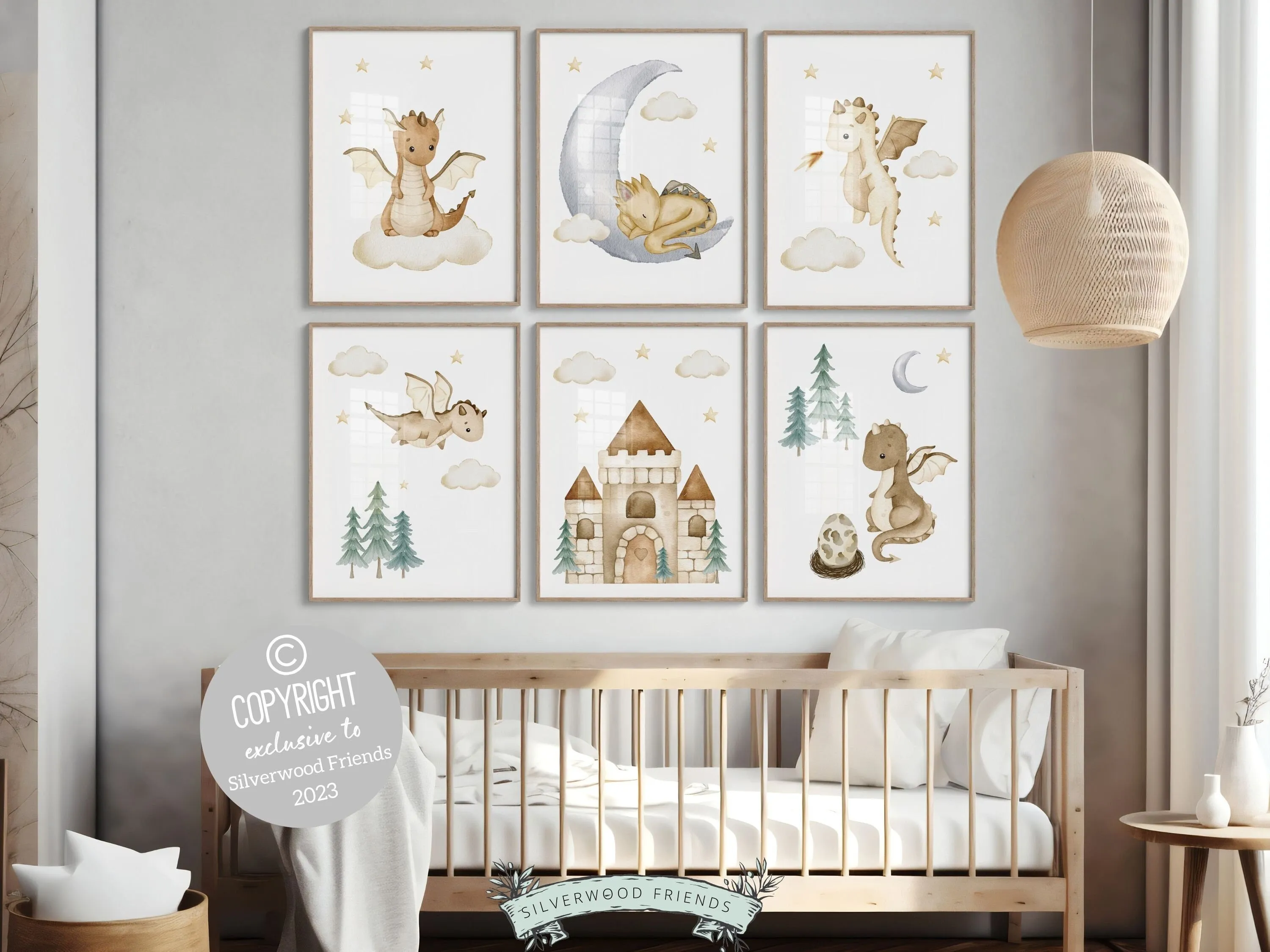 Beige Dragon Nursery Prints - Set of 6