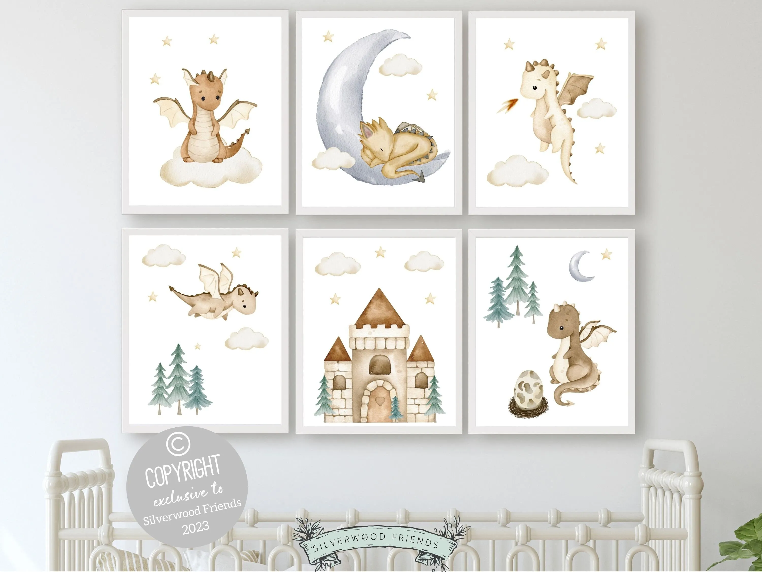 Beige Dragon Nursery Prints - Set of 6