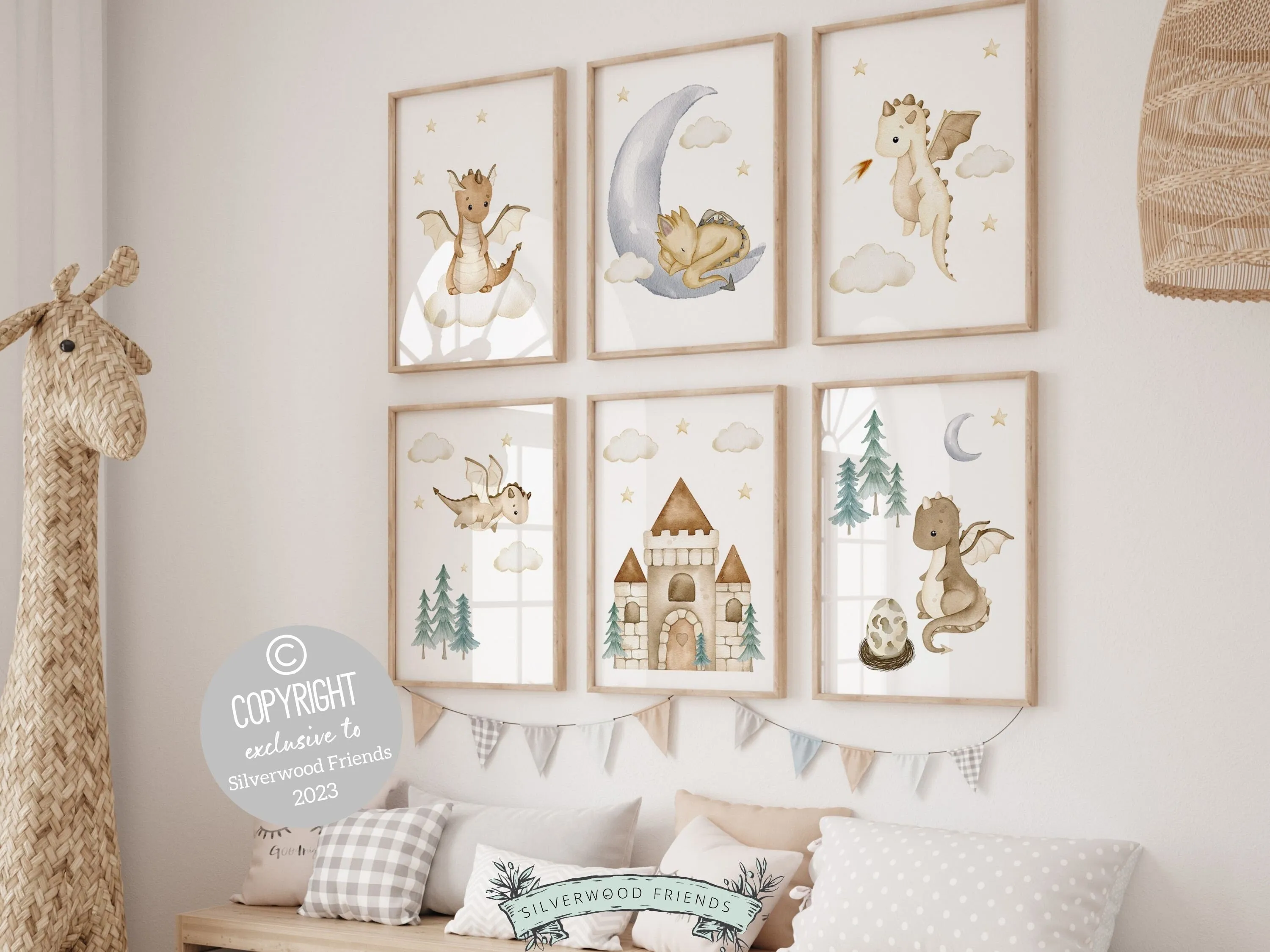 Beige Dragon Nursery Prints - Set of 6