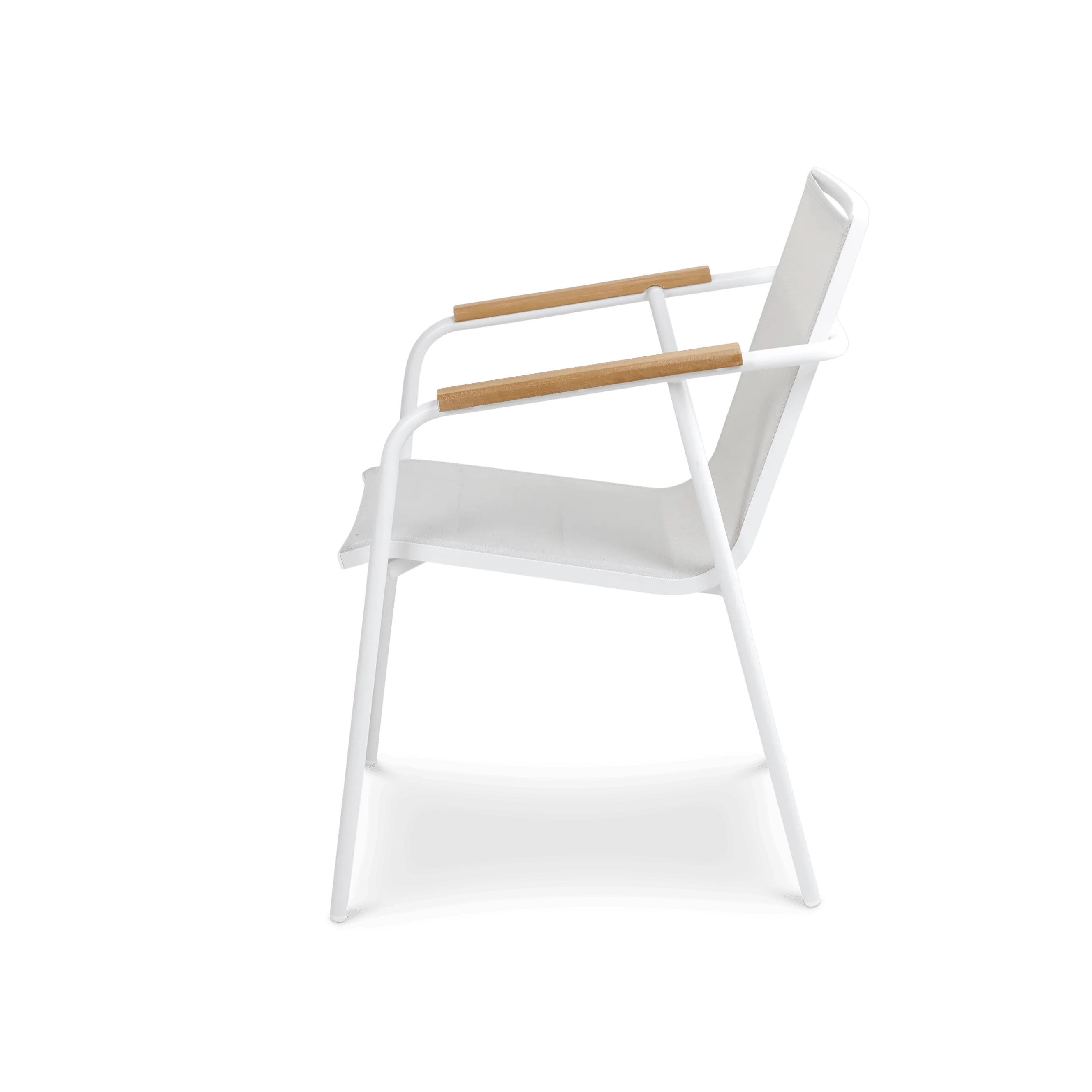 Capri Dining Chair in Arctic White Aluminium Frame with Polywood Teak Accent and Dune Textilene