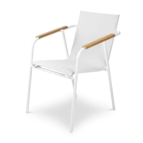 Capri Dining Chair in Arctic White Aluminium Frame with Polywood Teak Accent and Dune Textilene