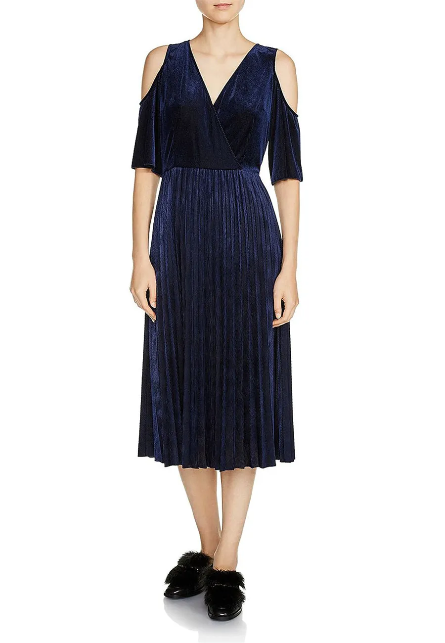 Dark Navy Ragui Pleated Velvet Midi Dress