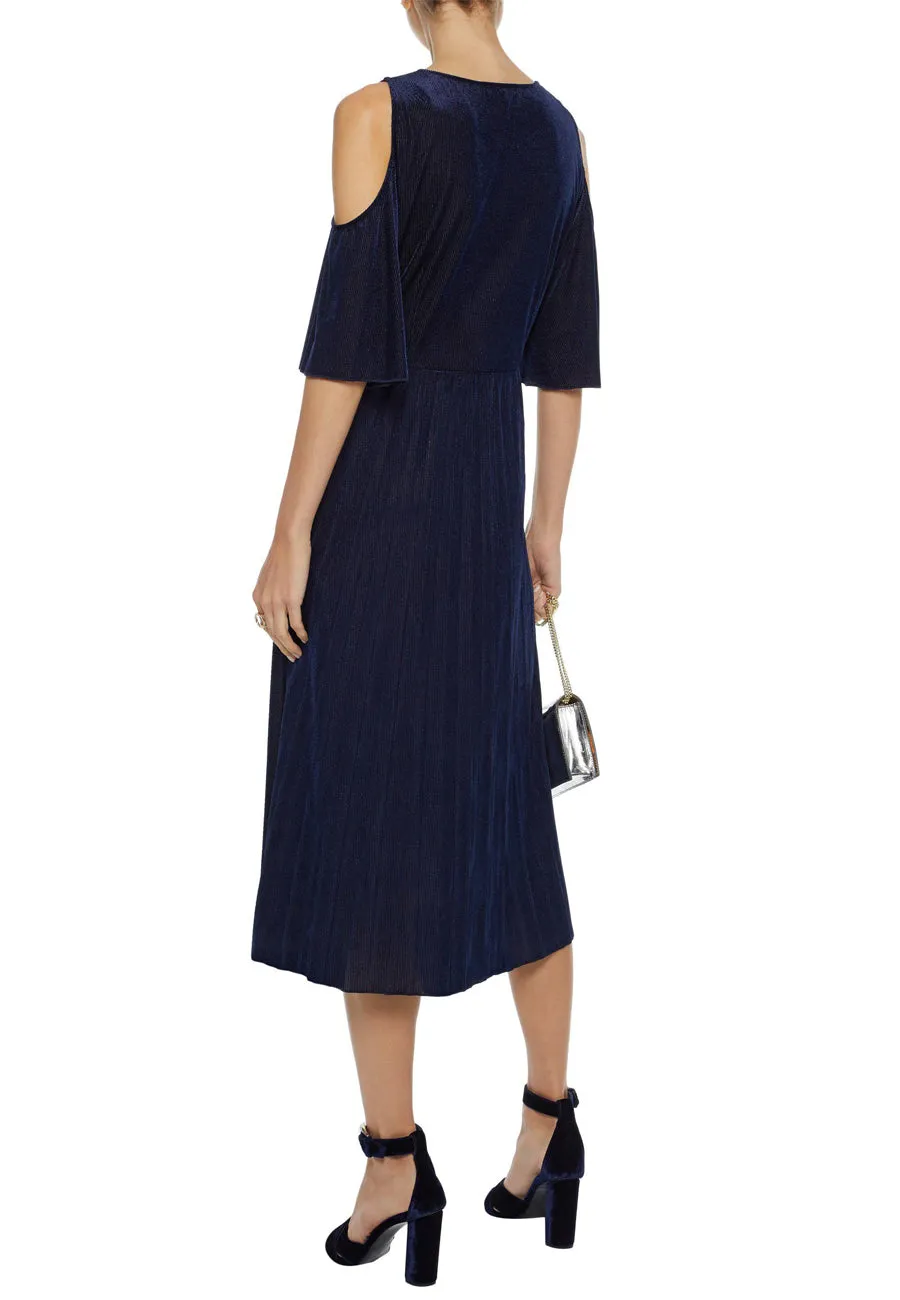 Dark Navy Ragui Pleated Velvet Midi Dress