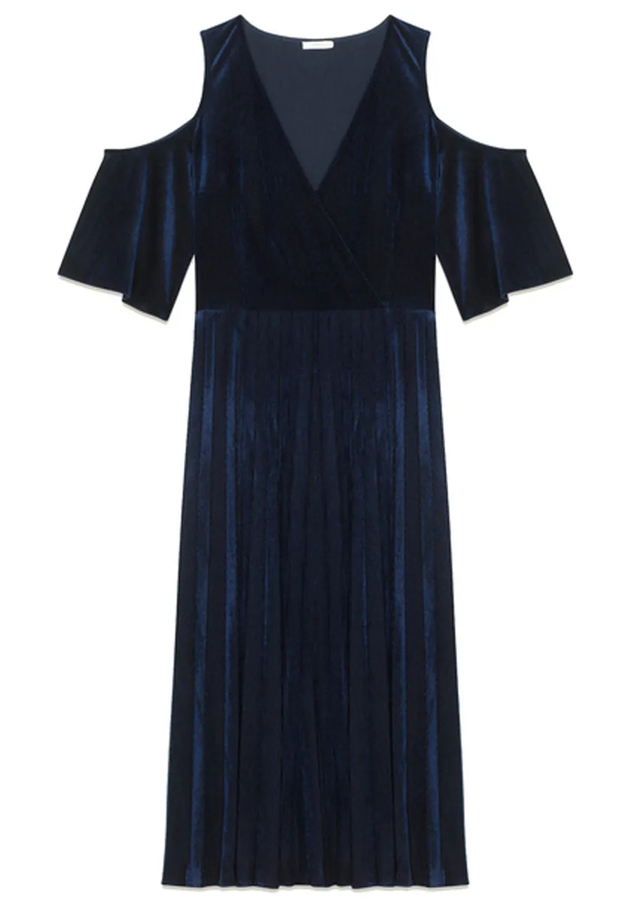 Dark Navy Ragui Pleated Velvet Midi Dress