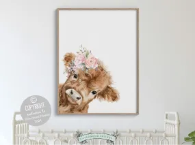 Floral Highland Cow Nursery Print - 001