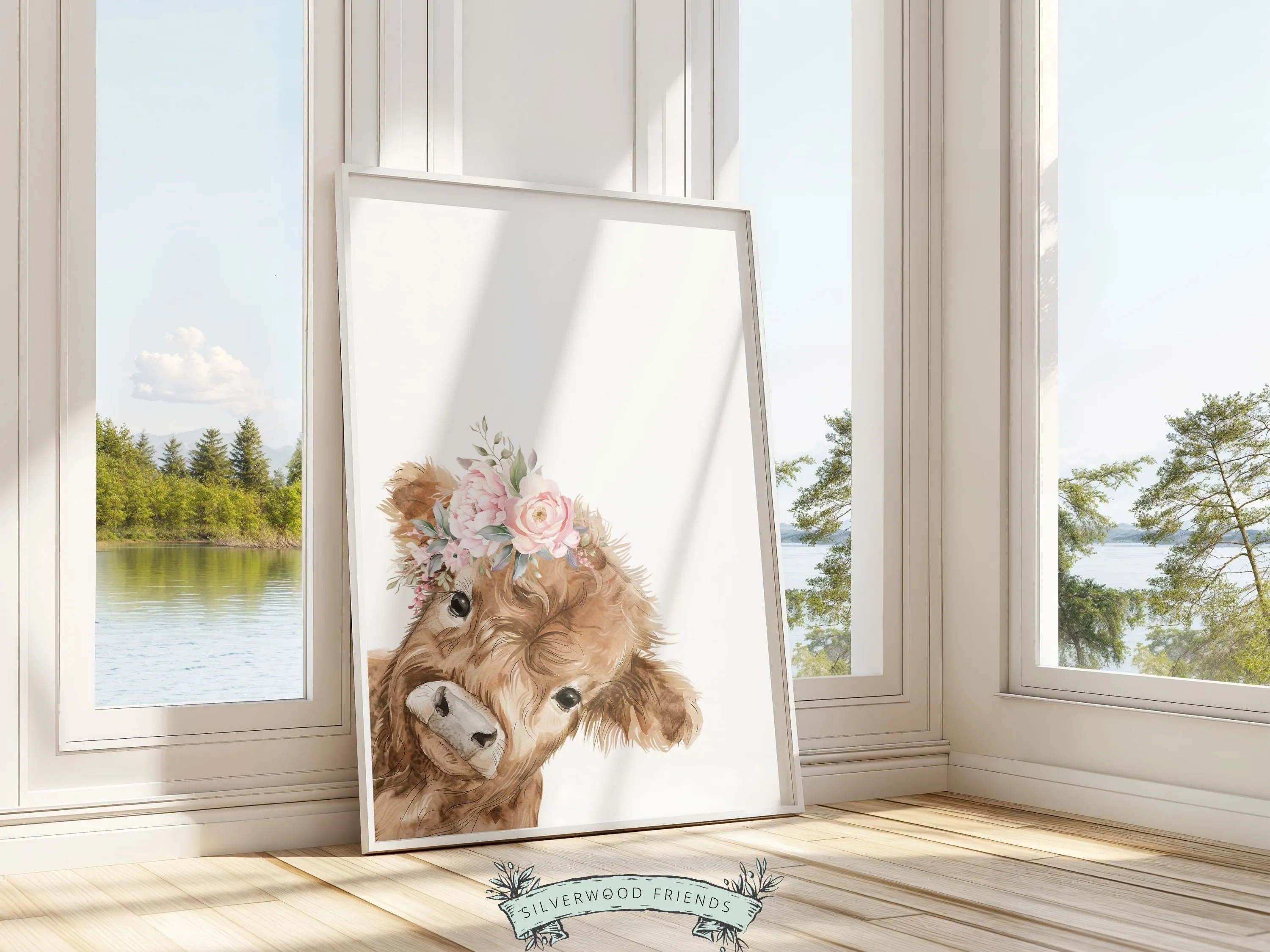 Floral Highland Cow Nursery Print - 001