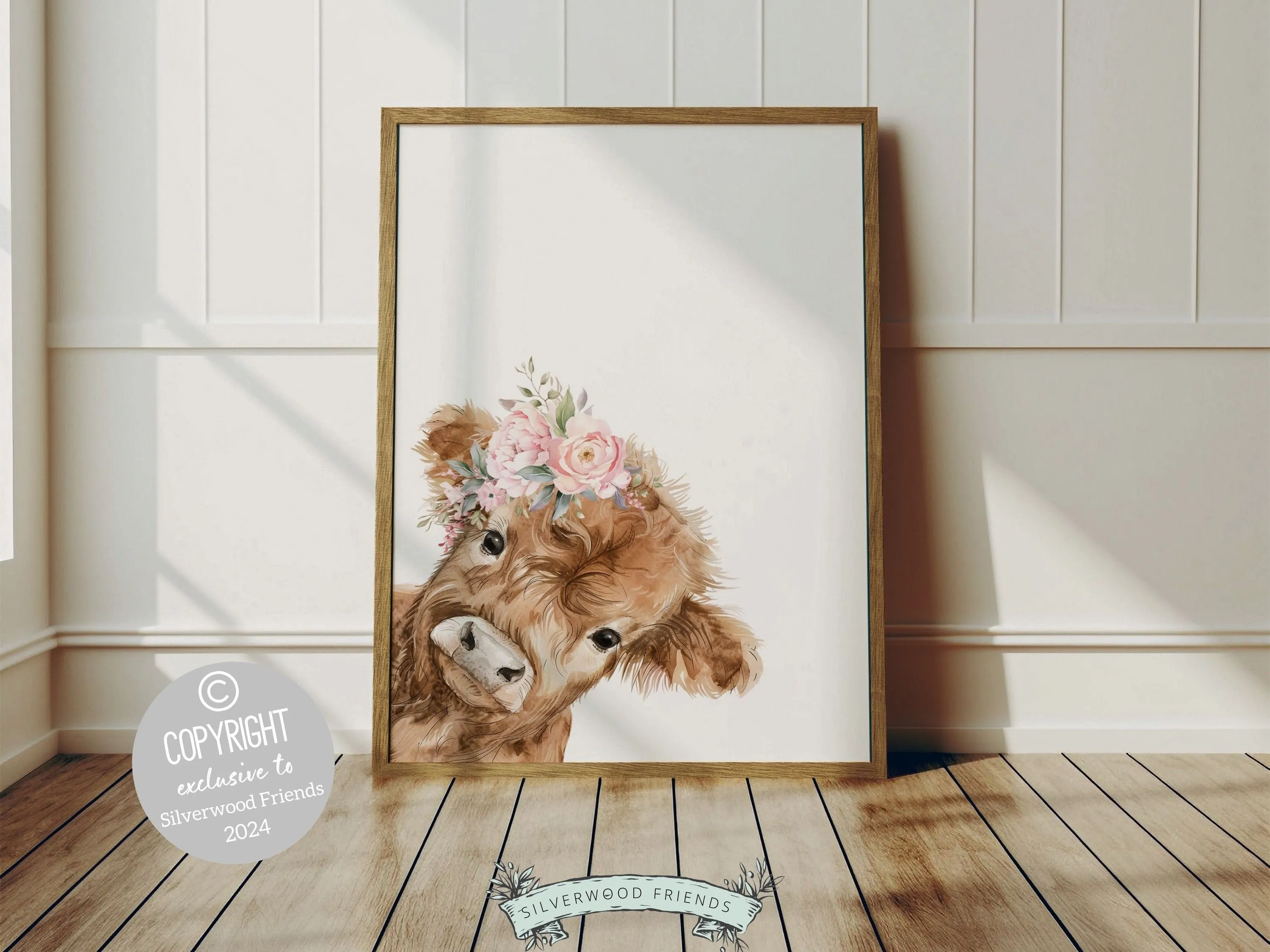 Floral Highland Cow Nursery Print - 001