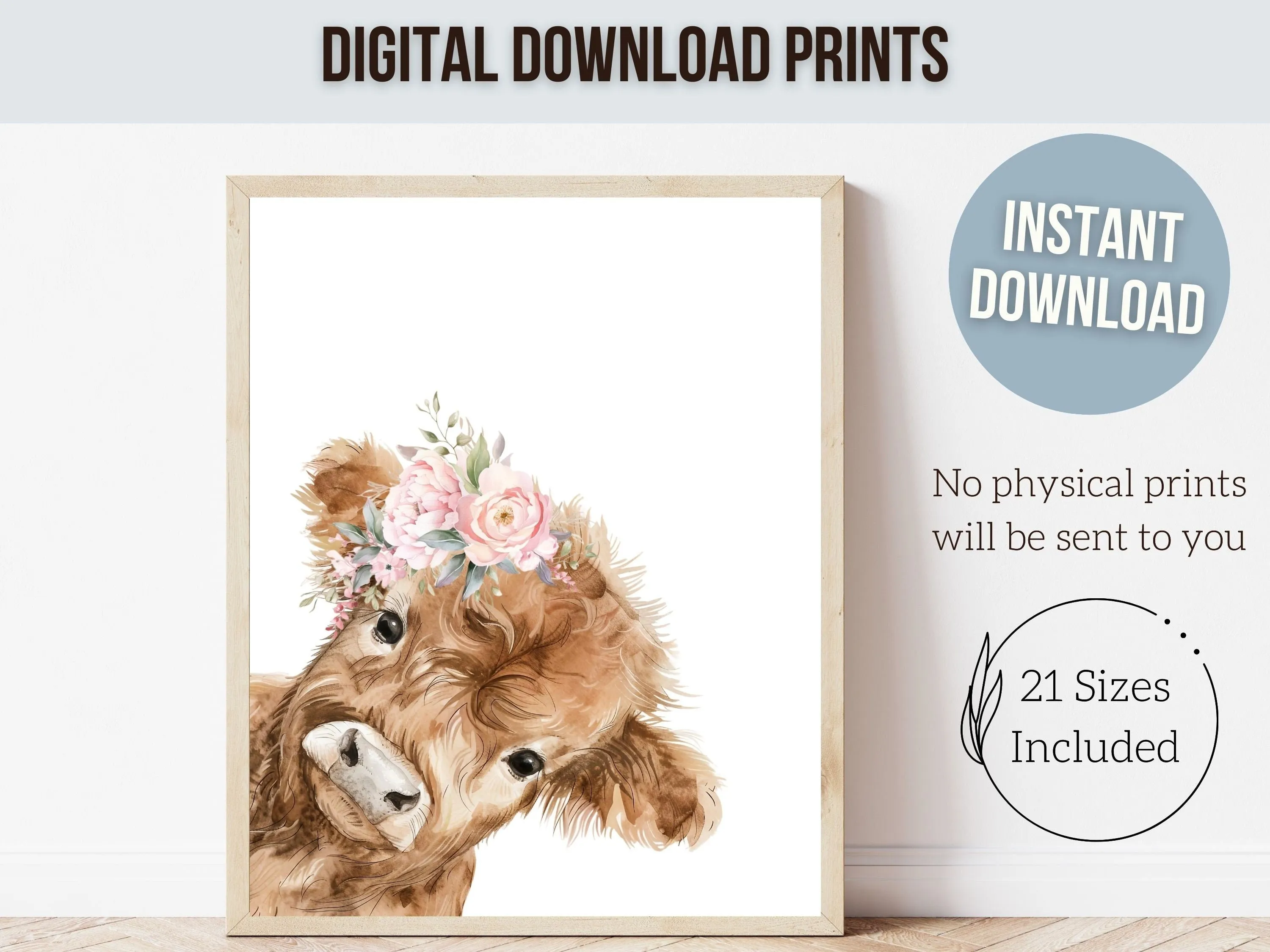 Floral Highland Cow Nursery Print - 001