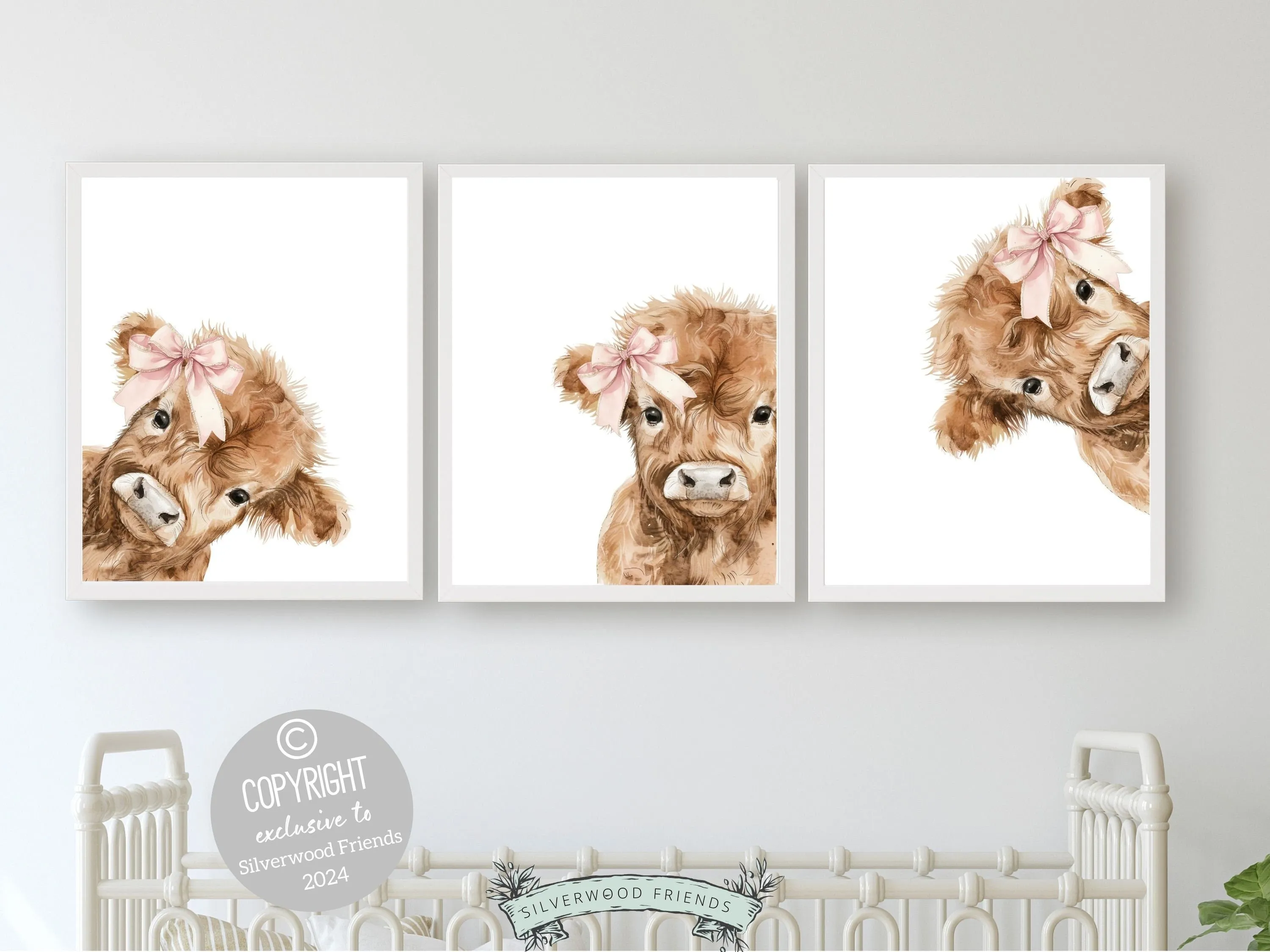 Girl's Highland Cow Nursery Prints - Set of 3