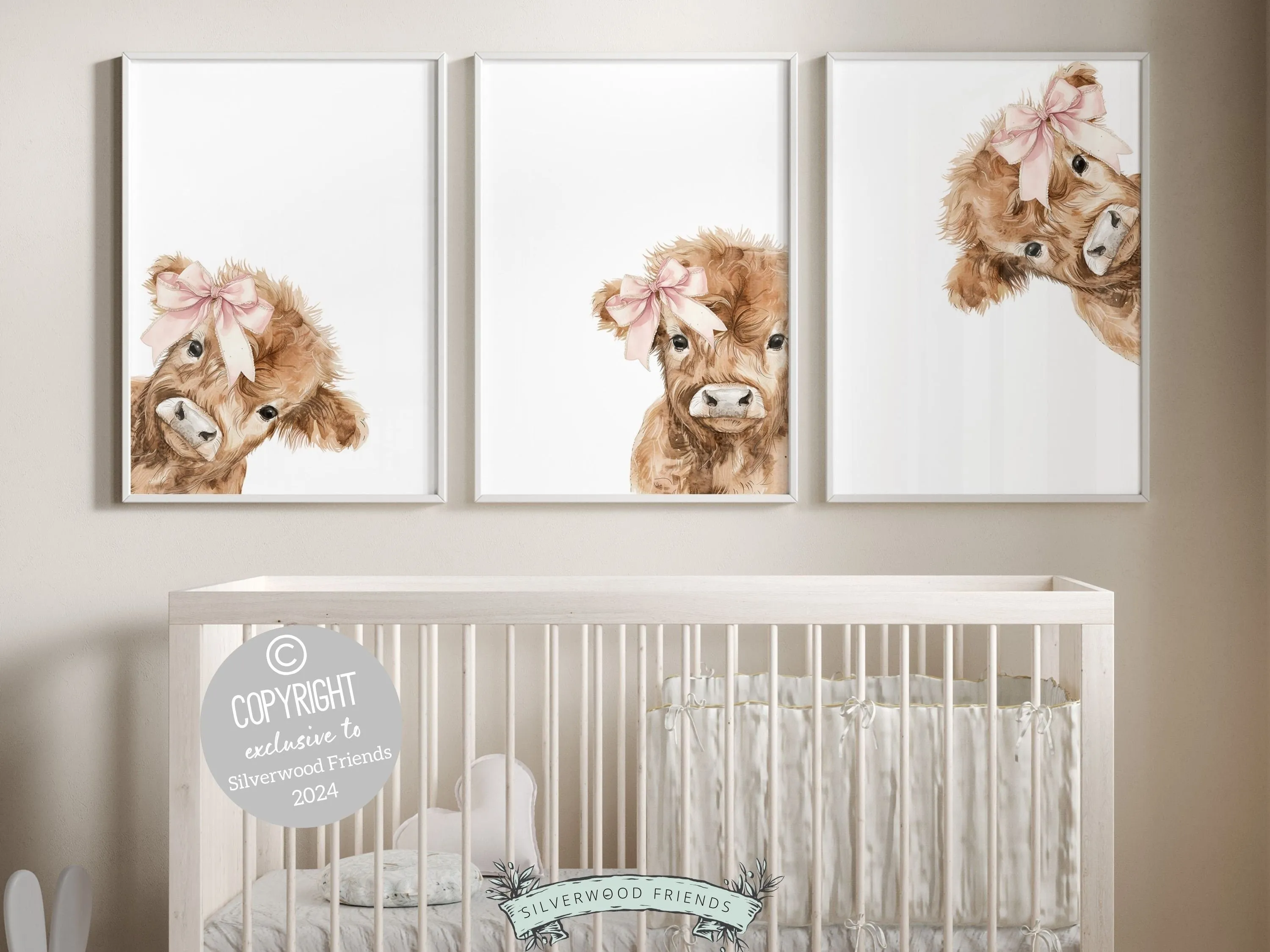 Girl's Highland Cow Nursery Prints - Set of 3