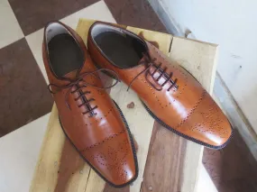 Handmade Men Cap Toe Brogue Tan Leather Stylish Dress Formal Lace Up Shoes