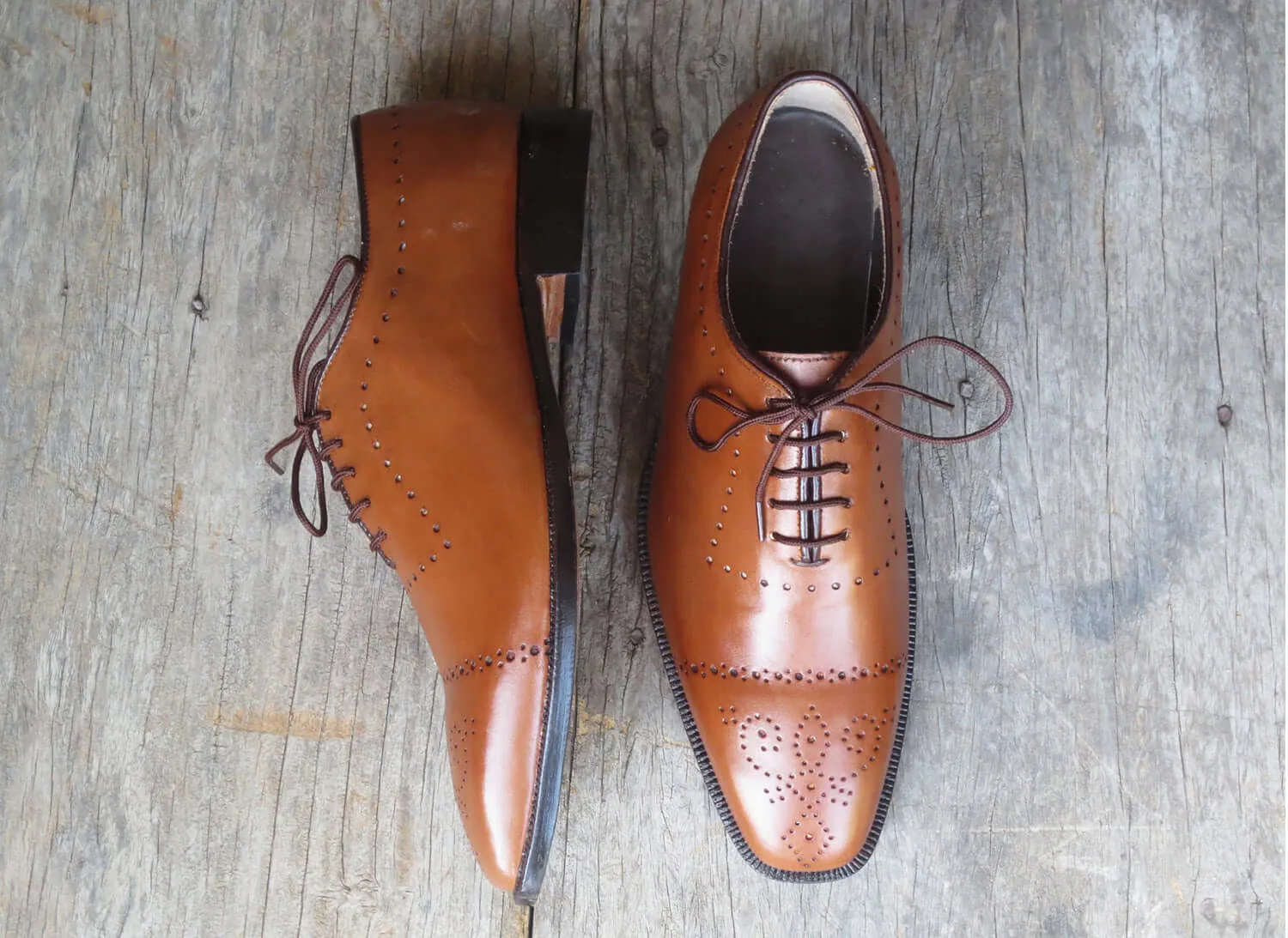 Handmade Men Cap Toe Brogue Tan Leather Stylish Dress Formal Lace Up Shoes