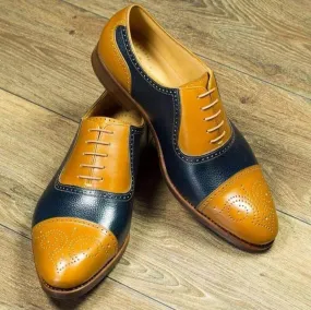 Handmade Men's Blue Yellow Leather Cap Toe Brogue Lace Up Shoes, Men Dress Formal Shoes