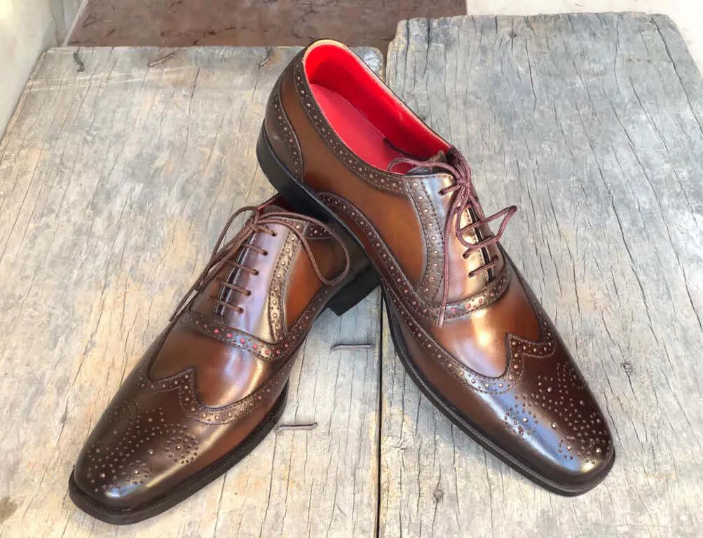 Handmade Men's Brown Wing Tip Brogue Leather Shoes, Men Lace up Designer Shoes