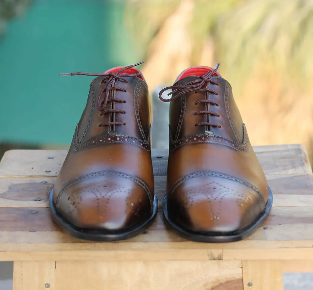 Handmade Men’s Cap Toe Brogue Leather Shoes, Men's Brown Lace Up Dress Shoes