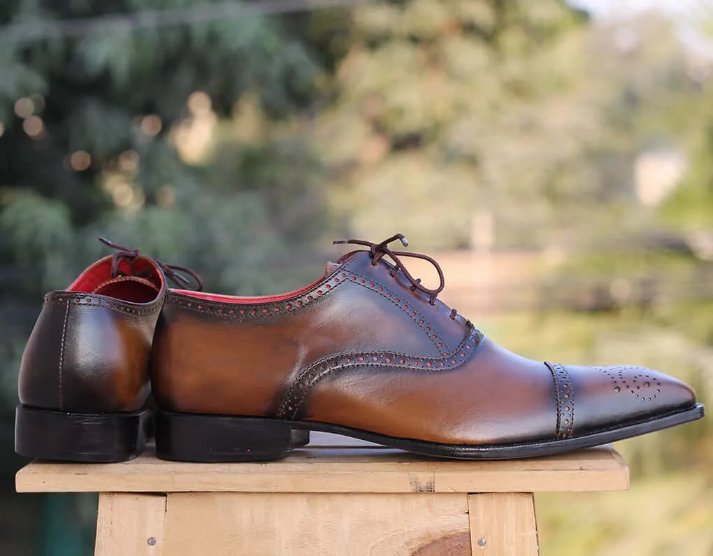 Handmade Men’s Cap Toe Brogue Leather Shoes, Men's Brown Lace Up Dress Shoes