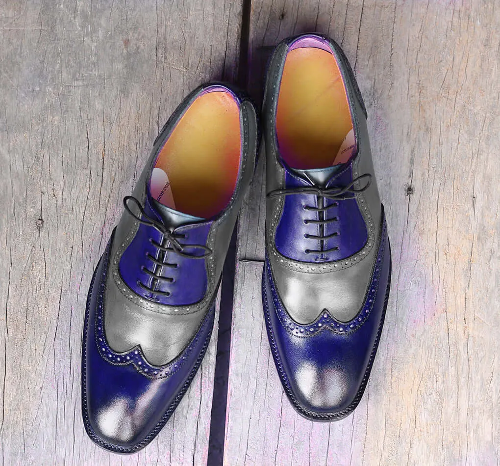 Handmade Men's Gray Navy Wing Tip Leather Lace Up Shoes, Men Designer Dress Formal Shoes