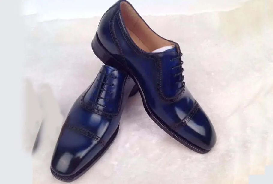 Handmade Men’s Navy Color Leather Shoes, Men Cap Toe Dress Formal Lace Up Shoes