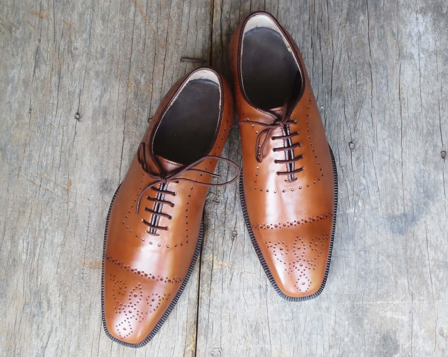 Handmade Men's Tan Cap Toe Brogue Leather Lace Up Shoes, Men Designer Dress Formal Shoes