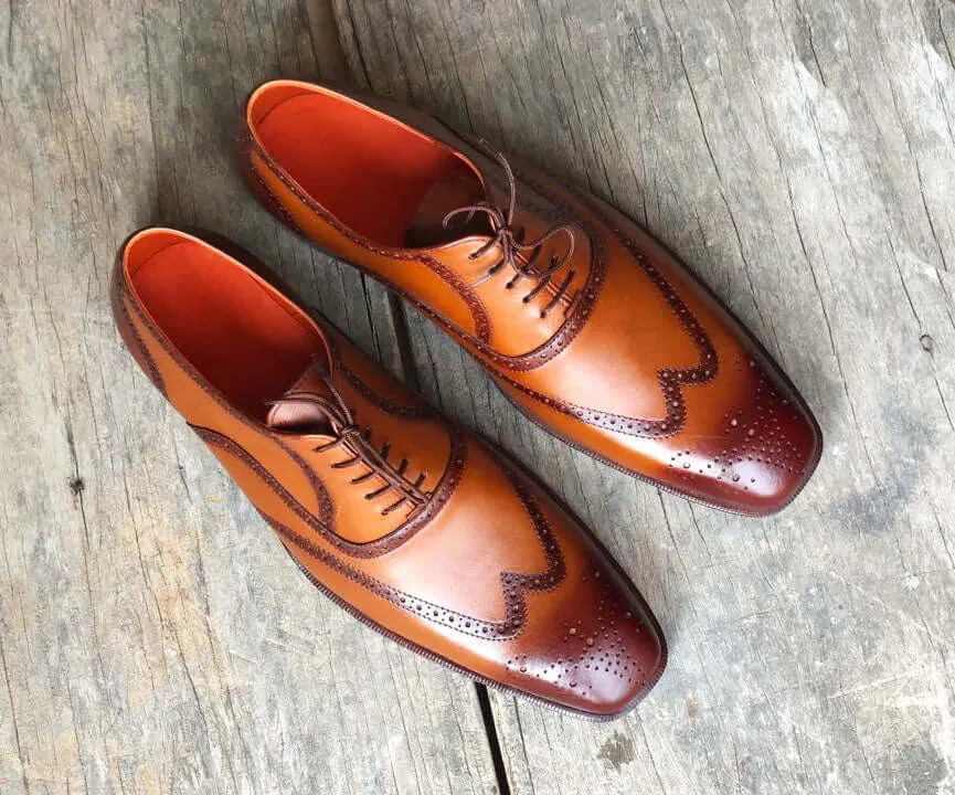 Handmade Men's Two Tone Brown Wing Tip Brogue Leather Lace Up Shoes, Men Designer Dress Formal Luxury Shoes