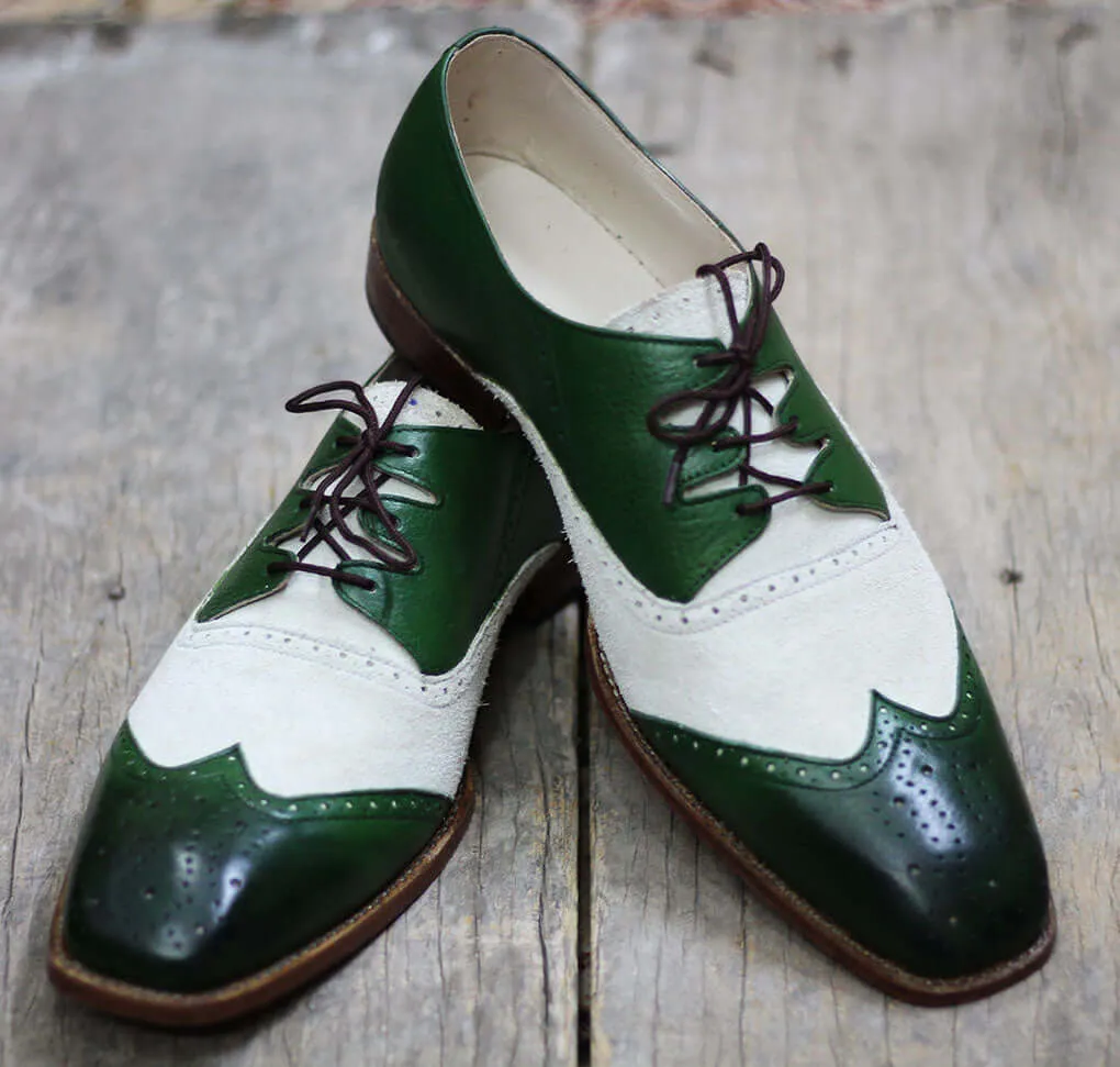 Handmade Men's White Green Wing Tip Brogue Leather Suede  Lace Up Shoes, Men Designer Dress Formal Luxury Shoes