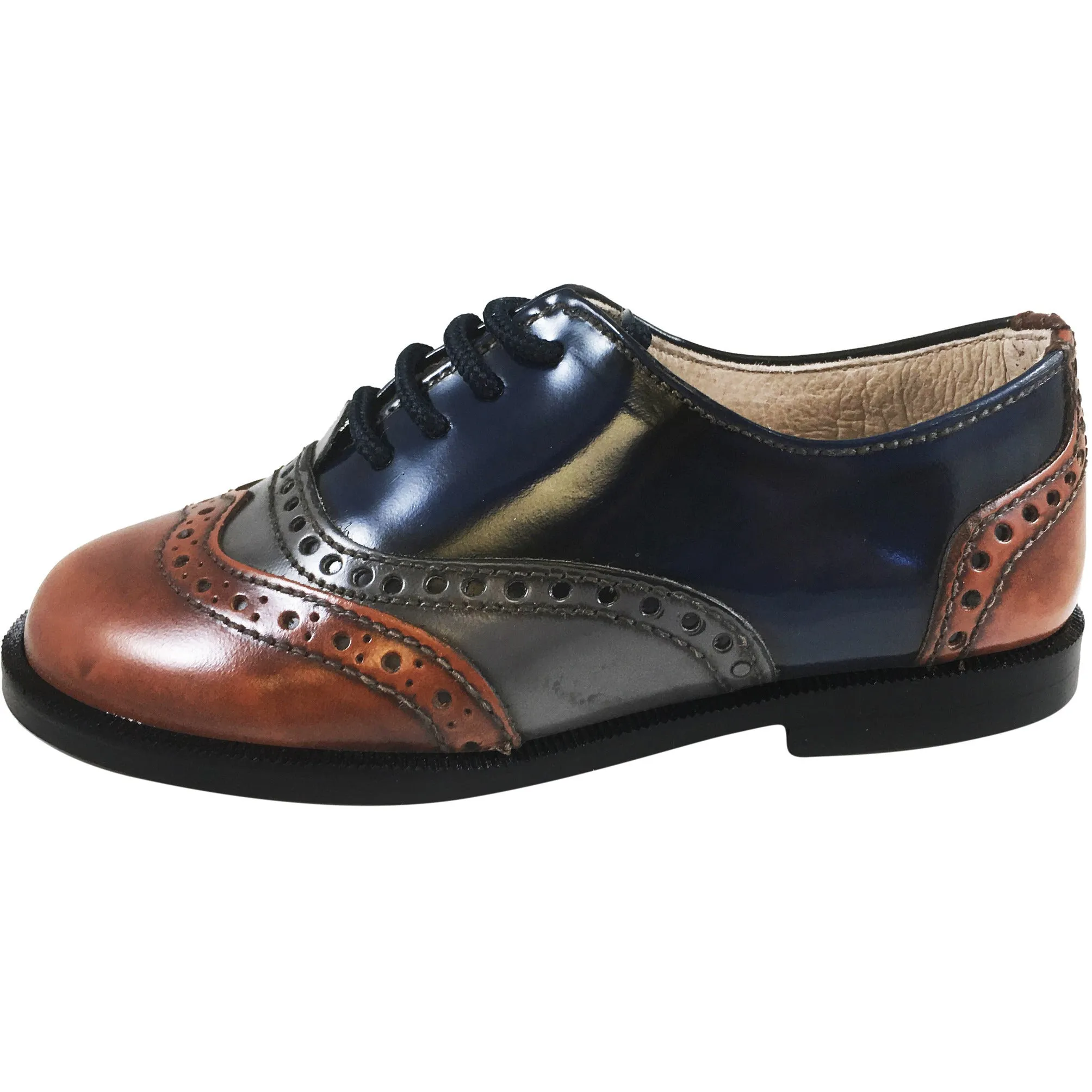 Hoo Shoes Abe's Boy's Brown Grey Navy Tri Color Leather Lace Up Oxford Loafer Shoes