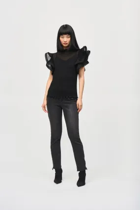 Joseph Ribkoff Black Chiffon Pleated Top With Ruffled Sleeves