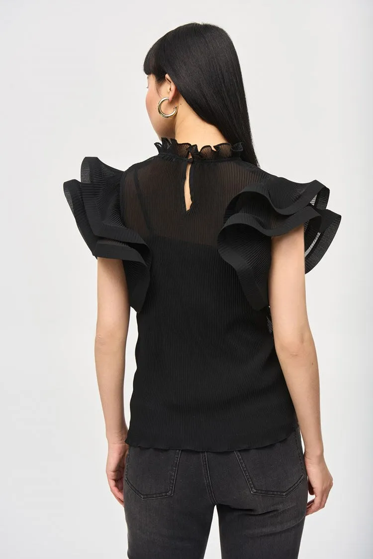 Joseph Ribkoff Black Chiffon Pleated Top With Ruffled Sleeves