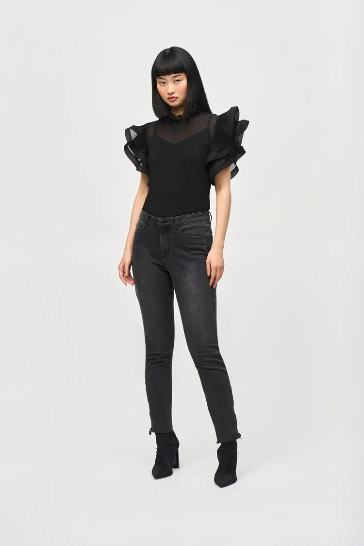 Joseph Ribkoff Black Chiffon Pleated Top With Ruffled Sleeves