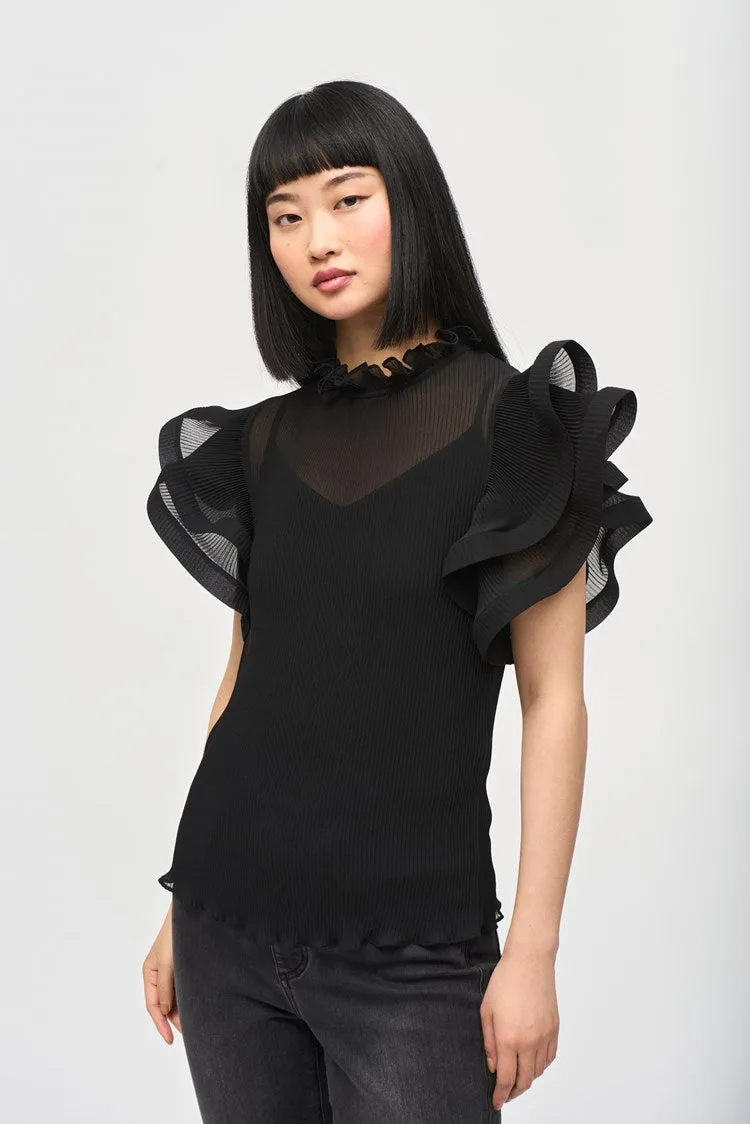 Joseph Ribkoff Black Chiffon Pleated Top With Ruffled Sleeves