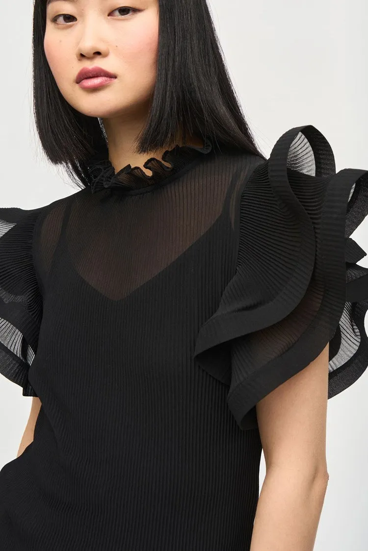 Joseph Ribkoff Black Chiffon Pleated Top With Ruffled Sleeves