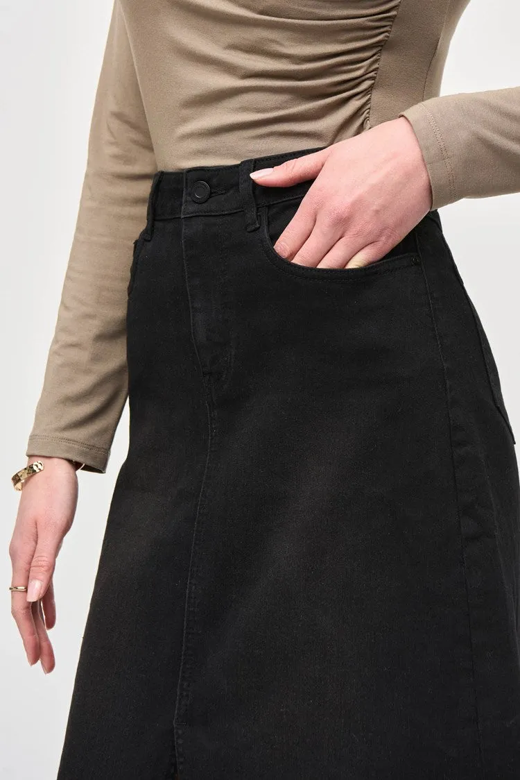 Joseph Ribkoff Black Denim Front Slit Midi Skirt