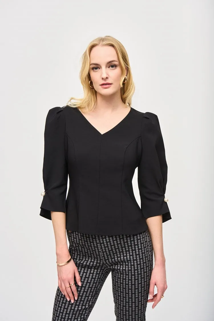 Joseph Ribkoff Black Lux Twill Fitted Puff Sleeve Top