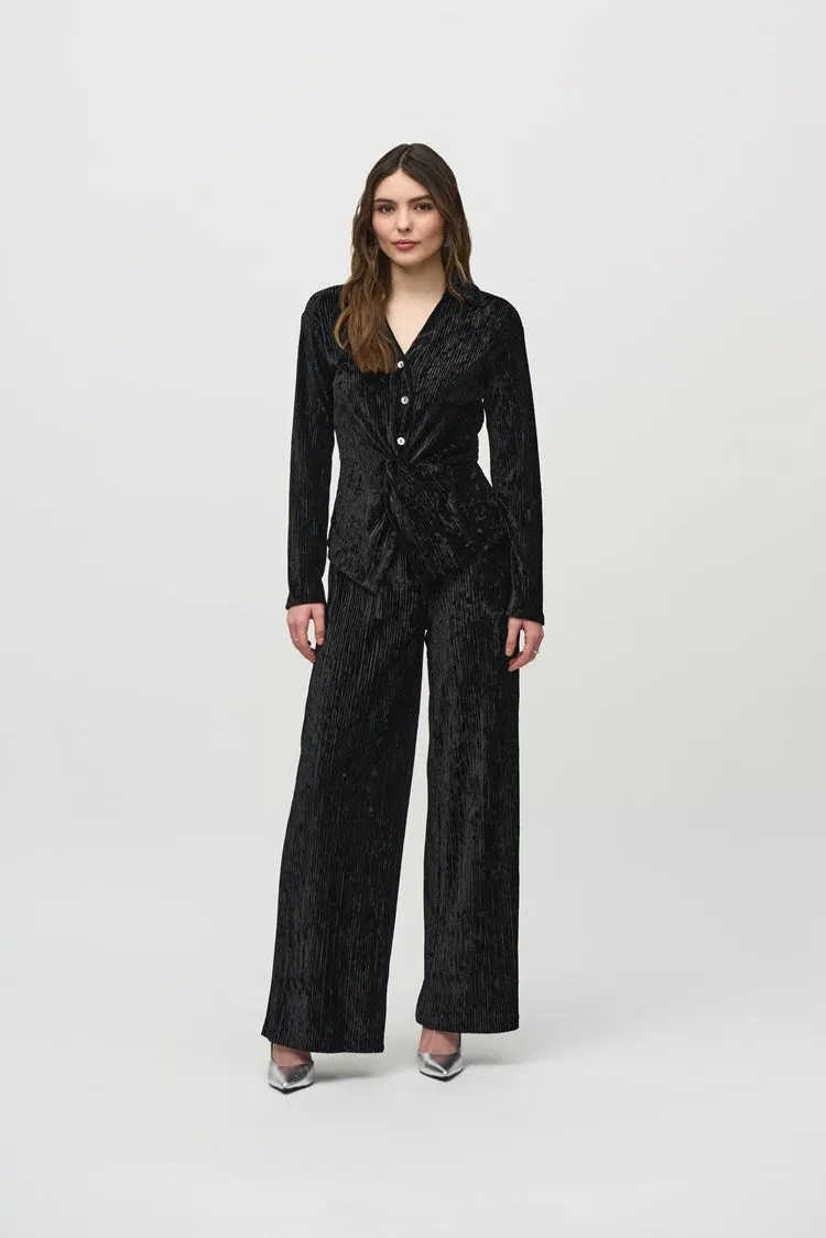 Joseph Ribkoff Black Pleated Velvet Wide-Leg Pants