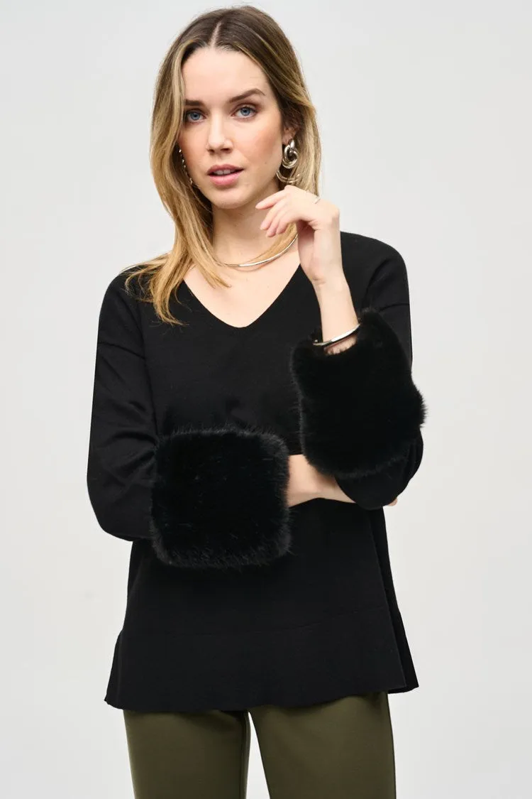 Joseph Ribkoff Black Sweater Knit Tunic With Faux Fur Cuffs