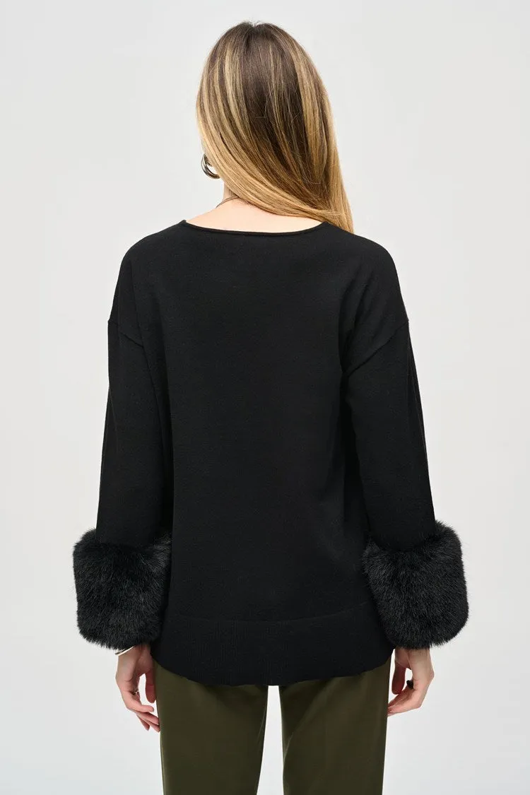 Joseph Ribkoff Black Sweater Knit Tunic With Faux Fur Cuffs