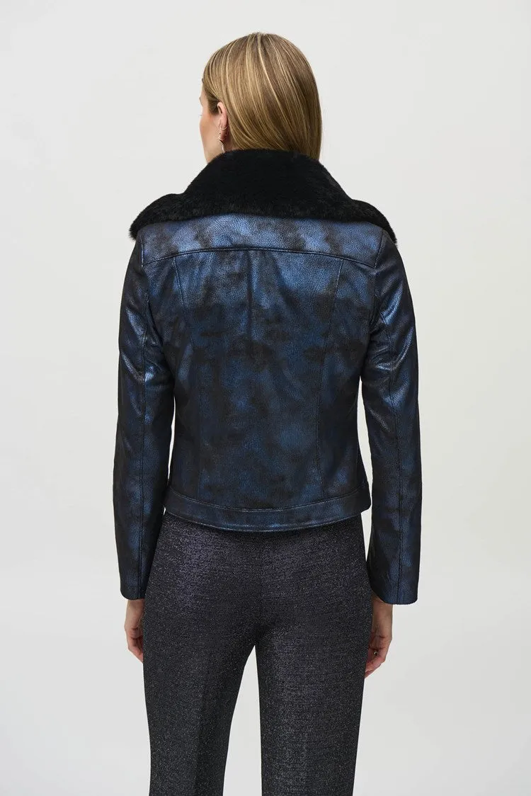 Joseph Ribkoff Blue/Black Foiled Suede Jacket with Faux-Fur Collar