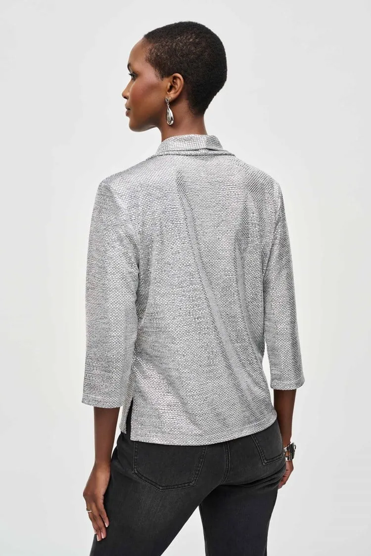 Joseph Ribkoff Grey/Silver Foiled Knit Cowl Collar Top