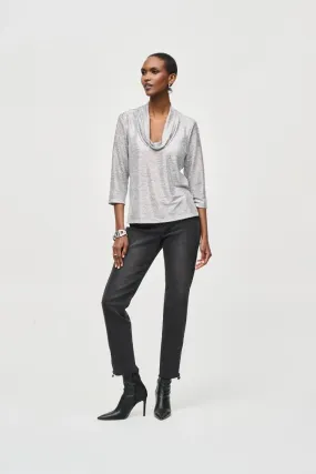 Joseph Ribkoff Grey/Silver Foiled Knit Cowl Collar Top